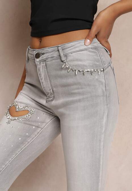 Jasnoszare Jeansy Skinny Push-Up z Wycięciem i Cyrkoniami Idomara