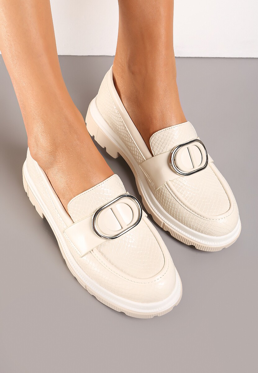 Beżowe Mokasyny z Metaliczną Aplikacją i Delikatnym Printem Unica