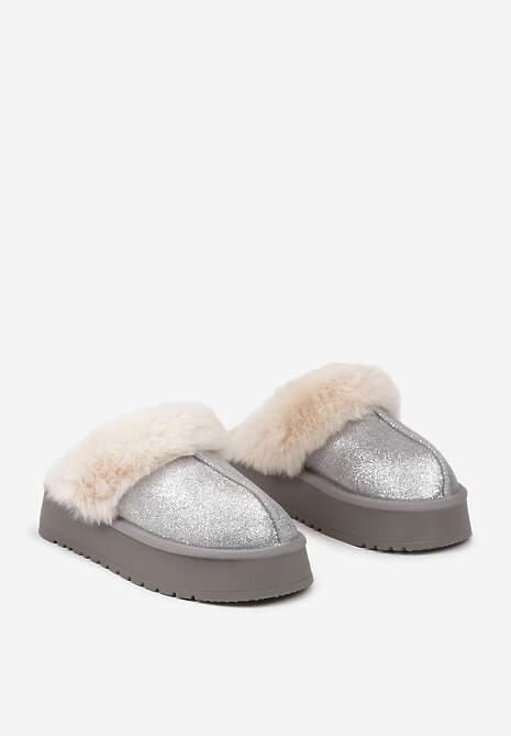 Srebrne Brokatowe Kapcie na Platformie Ozdobione Futerkiem Innavellea