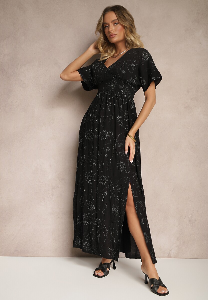 Czarna Sukienka z Wiskozy Ozdobiona Haftem i Metaliczną Nicią Ivelvesa