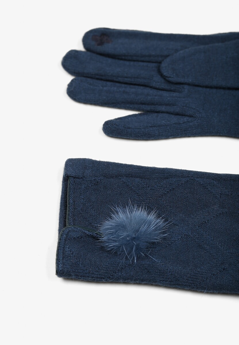 Granatowe Rękawiczki z Bawełną Ozdobione Pomponem i Rozcięciem Zinnaletha