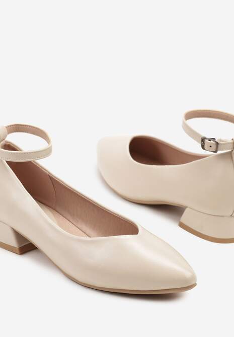 Beżowe Czółenka na Słupku z Wkładką ze Skóry Naturalnej Ozdobione Paskiem Norzeri