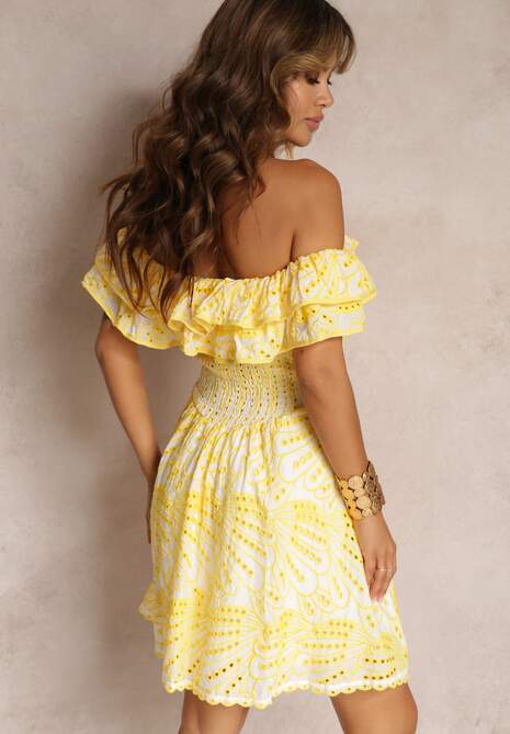 Żółta Haftowana Sukienka Mini z Hiszpańskim Dekoltem i Gumką w Talii Nissi