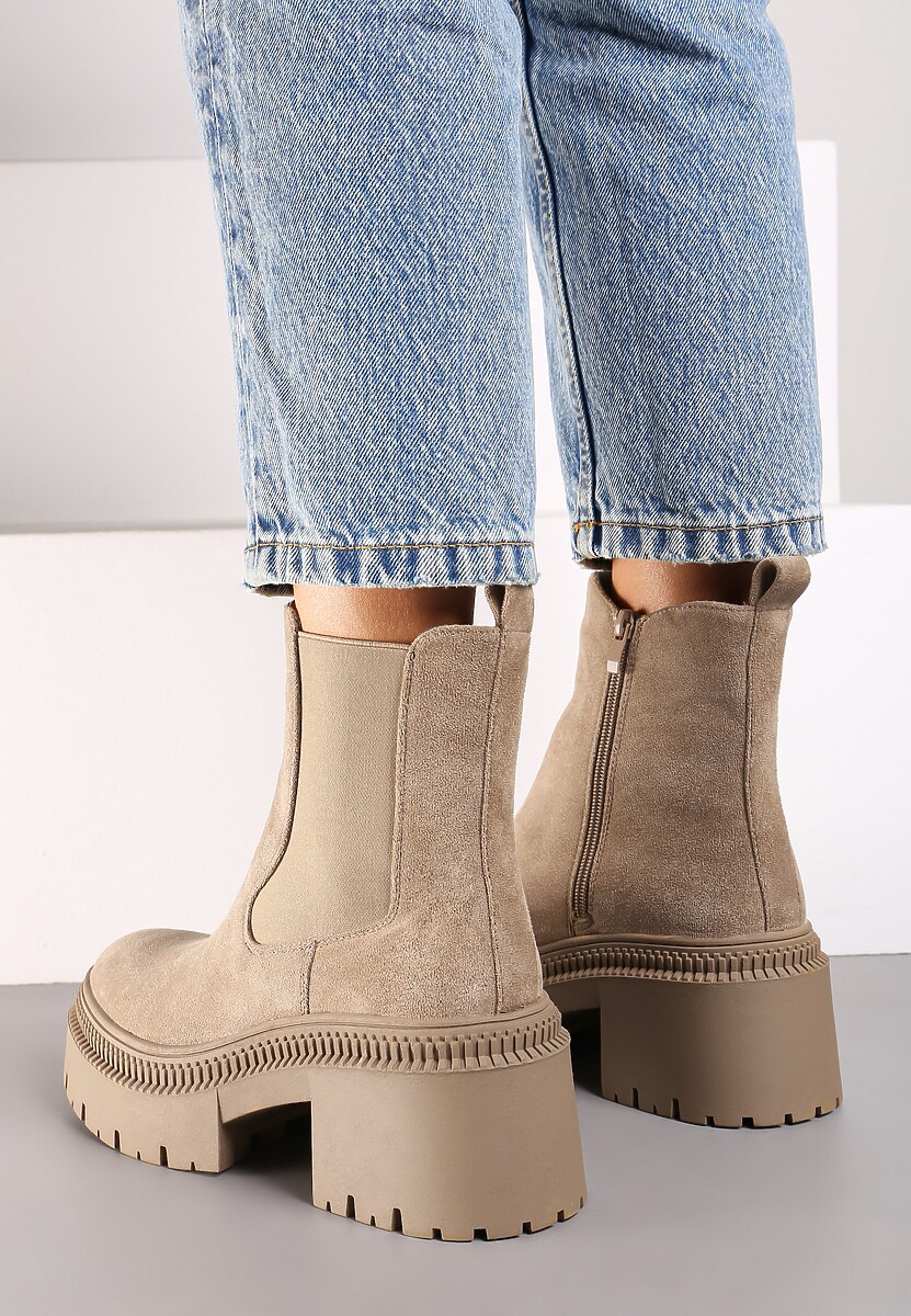 Ciemnobeżowe Botki na Słupku i Platformie Sztyblety Grunge z Elastyczną Cholewką Lericea