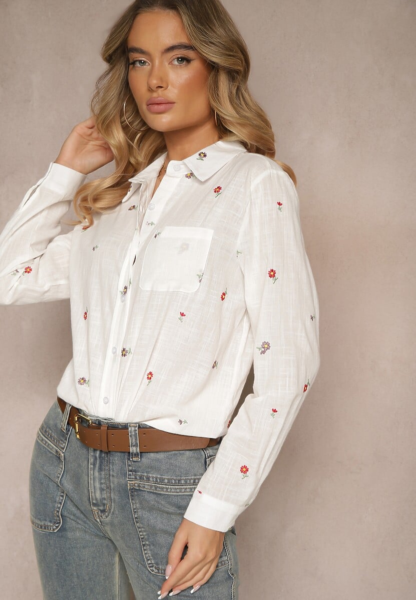Biała Wiskozowa Koszula Ozdobiona Kwiatowym Haftem Vilreis
