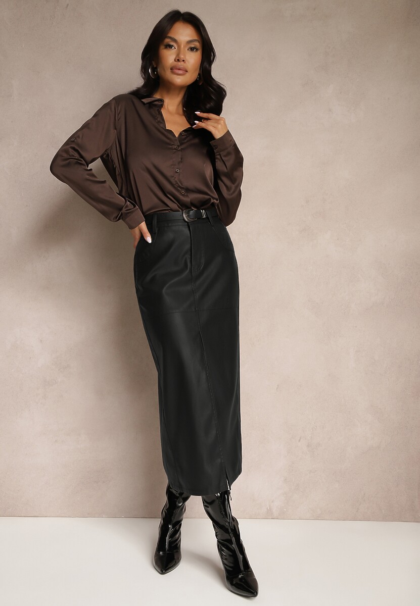 Brązowa Spódnica z Ekoskóry o Ołówkowym Kroju z Wysokim Stanem Rozcięciem i Paskiem Zeleeti