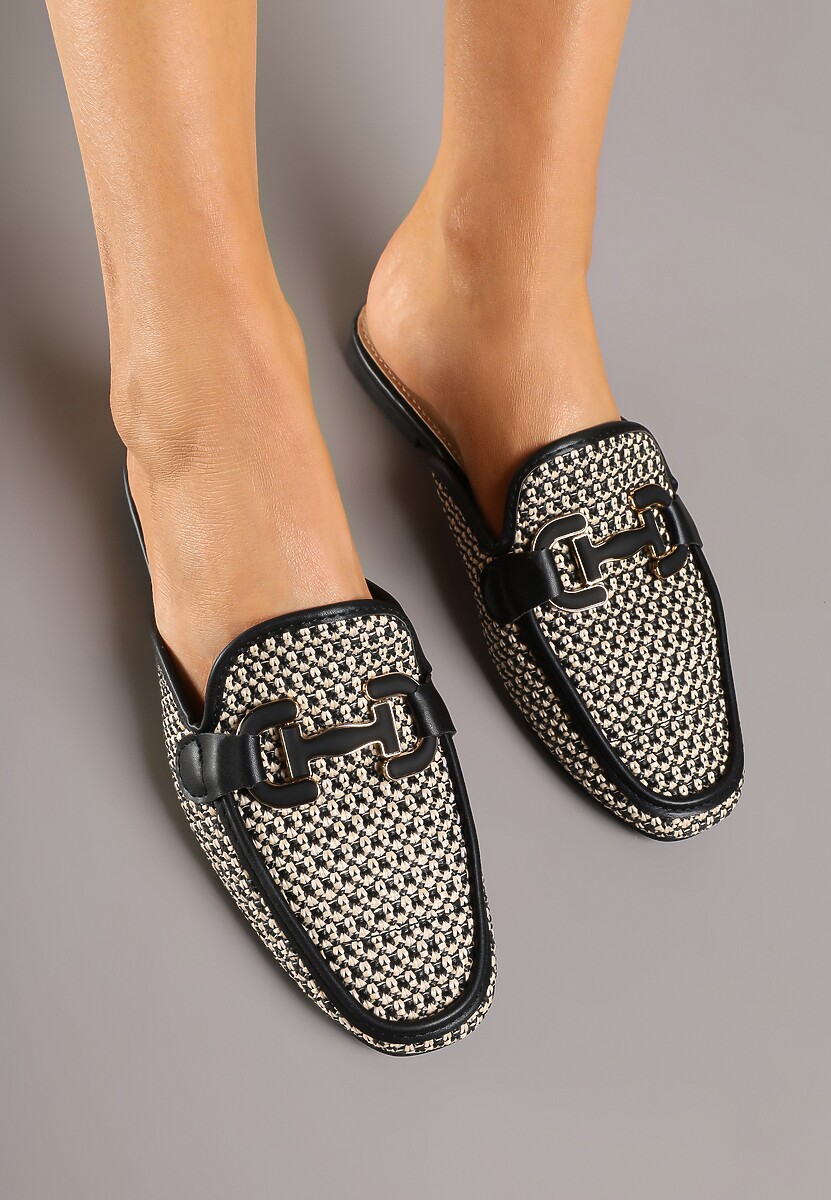 Czarne Klapki Mule Zdobione Tweedem i Elegancką Aplikacją Sonelina