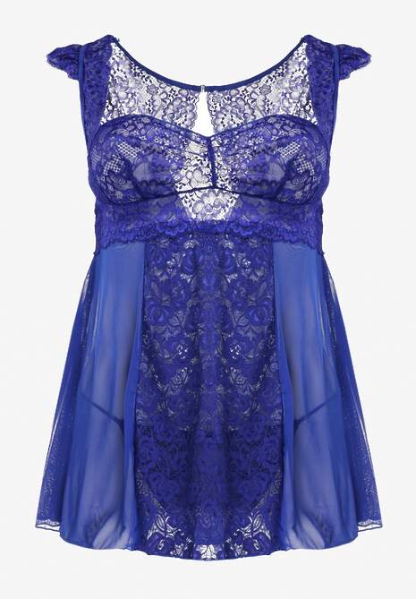 Granatowa Koronkowa Koszula Nocna Mini z Siateczki ze Stringami w Komplecie Tuala