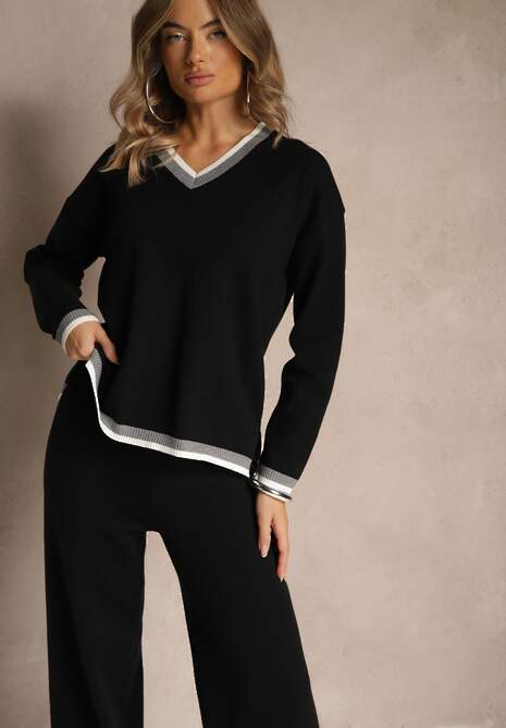 Czarny Komplet Dzianinowy Sweter i Spodnie Wide Leg z Ozdobną Lamówką Ralenia