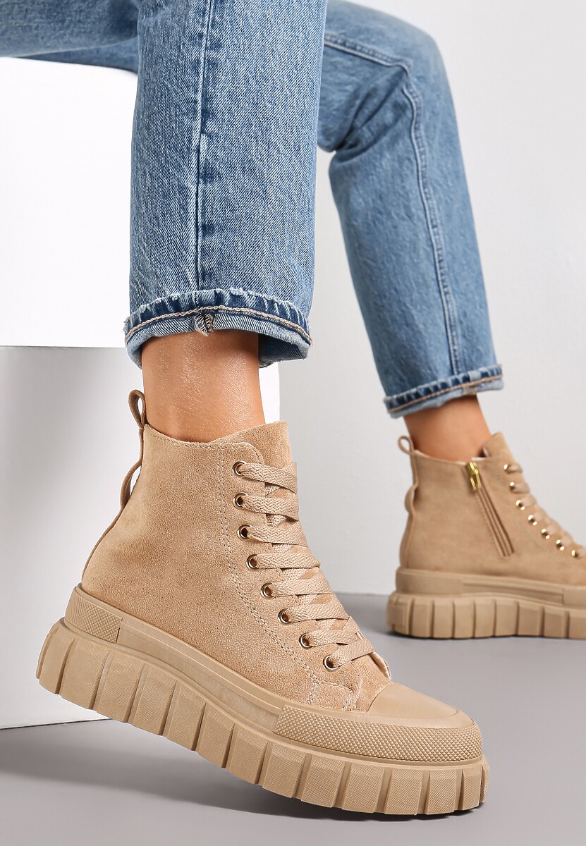 Brązowe Botki Sznurowane na Platformie z Łańcuchem Petrenie