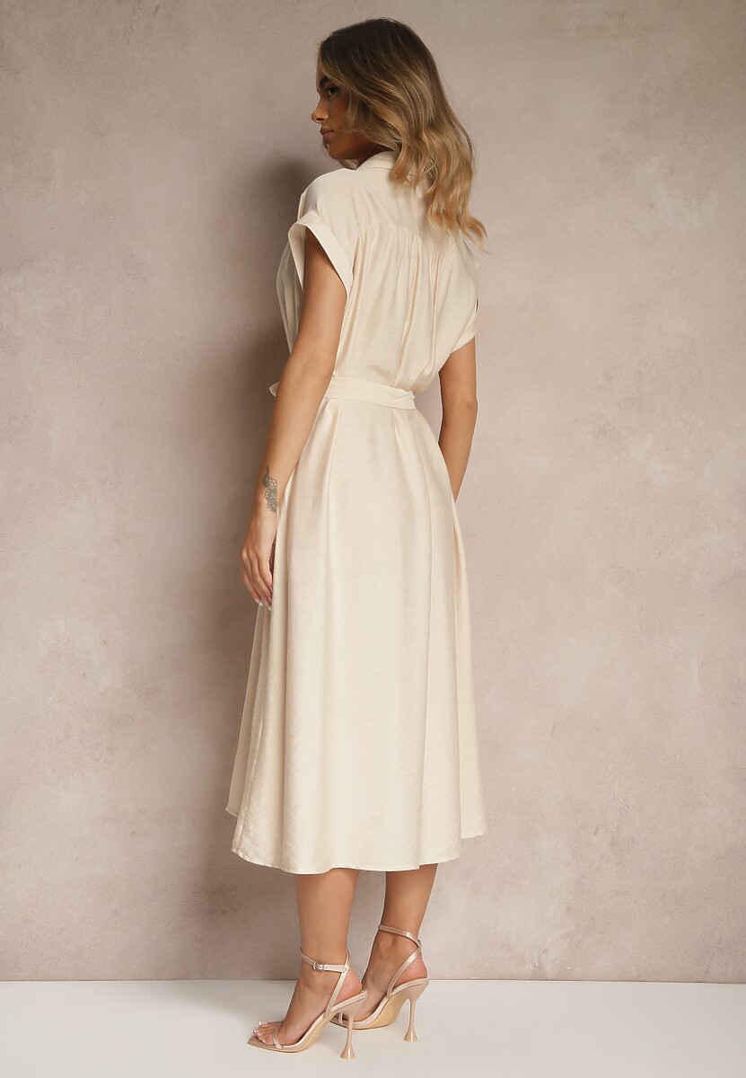 Beżowa Koszulowa Sukienka z Wiskozy Ozdobiona Paskiem Rinalitia