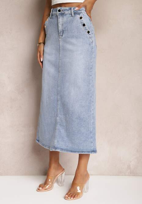 Jasnoniebieska Jeansowa Spódnica High Waist z Nitami Przy Kieszeniach Nellajoy