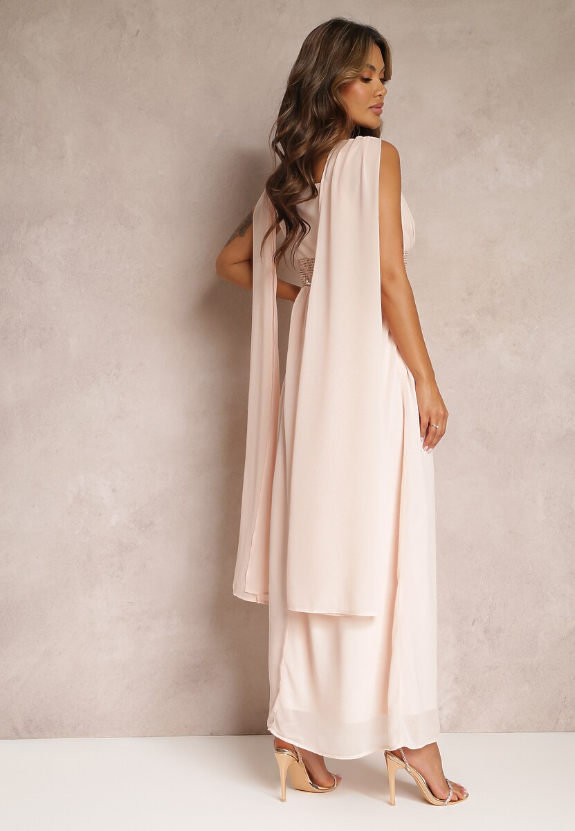 Różowa Maxi Sukienka o Rozkloszowanym Fasonie Ozdobiona Cekinami na Szerokich Ramiączkach Nedilva