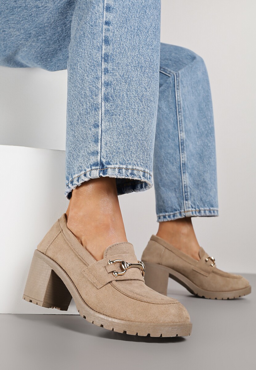 Ciemnobeżowe Półbuty Mokasyny na Słupku z Platformą Ozdobione Klamrą Acridna