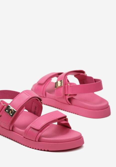 Fuksjowe Sandały na Płaskiej Podeszwie z Metalicznym Wykończeniem Zapinane na Rzepy Eartis