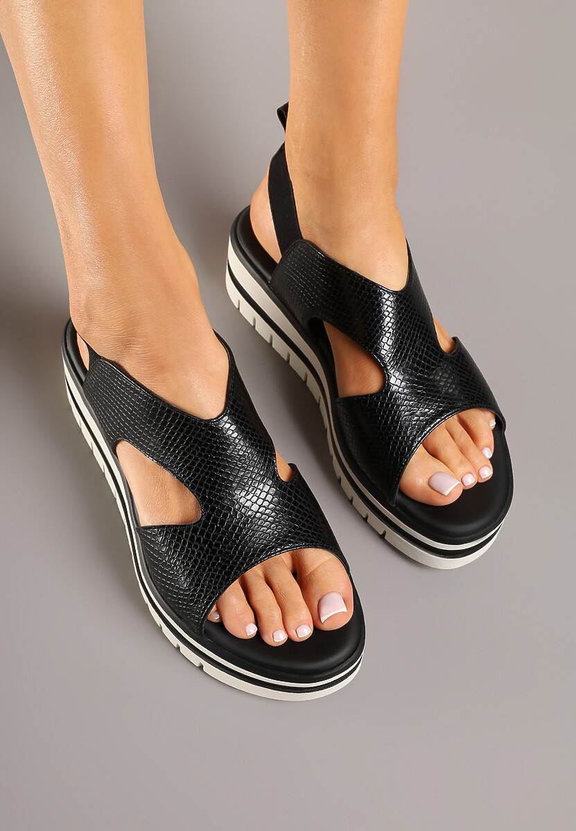 Czarne Sandały na Platformie Ozdobione Tłoczeniem Mevalisse