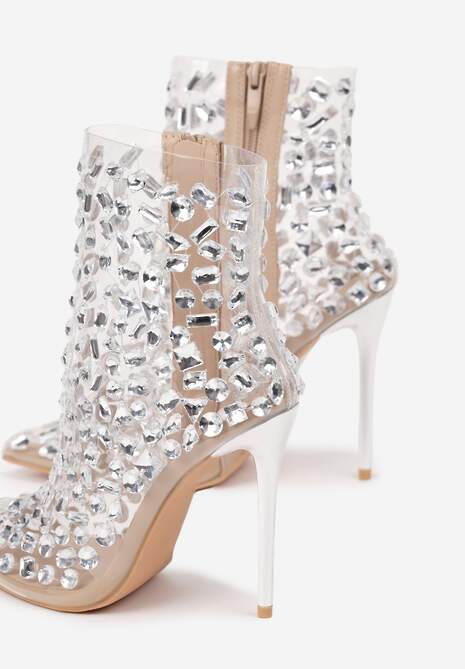 Beżowe Eleganckie Przezroczyste Botki na Szpilce z Kryształkami Ravista