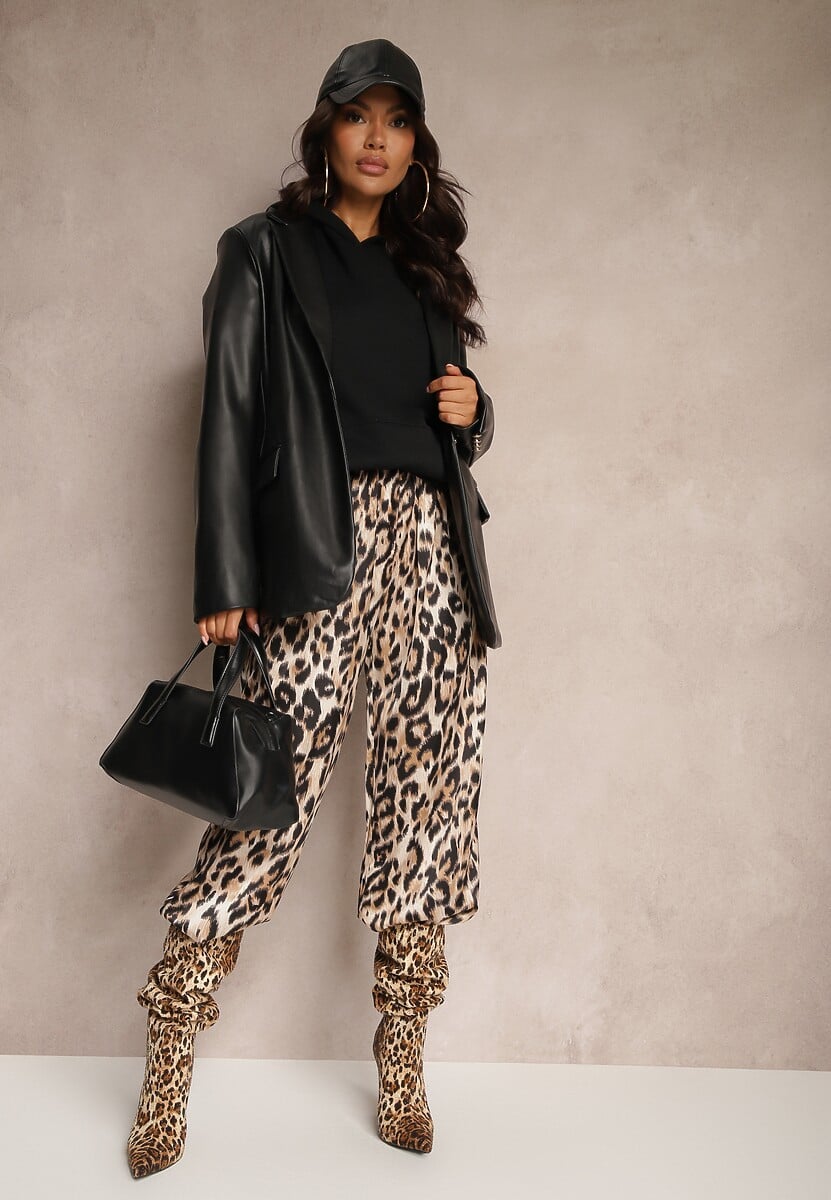 Brązowe Spodnie Typu Palazzo z Jedwabiem z Gumką w Talii o Zwierzęcym Wzorze Elanea