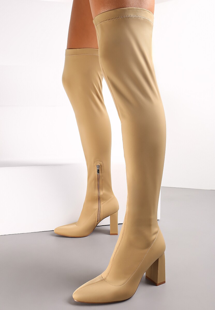 Ciemnobeżowe Dopasowane Kozaki za Kolano na Słupku Grapio