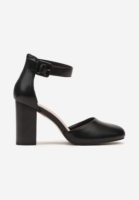 Czarne Czółenka na Obcasie Typu Słupek ze Skóry Ekologicznej ze Skórzaną Wkładką i Paseczkiem Wokół Kostki Belandria