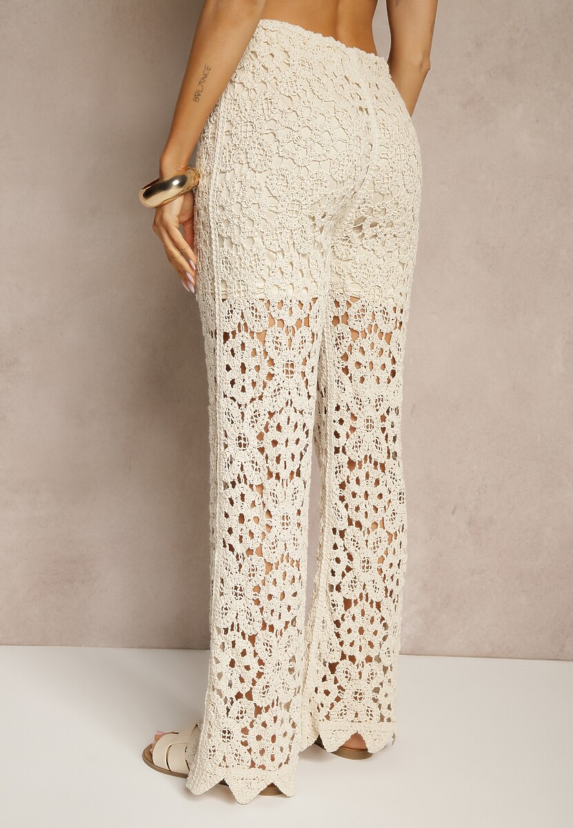 Beżowe Spodnie Flare High Waist z Ażurowej Tkaniny z Gumką w Talii  Mepnira
