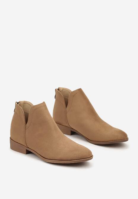 Ciemnobeżowe Botki na Płaskiej Podeszwie z Ozdobnym Wycięciem Zapinane na Suwak Liletta