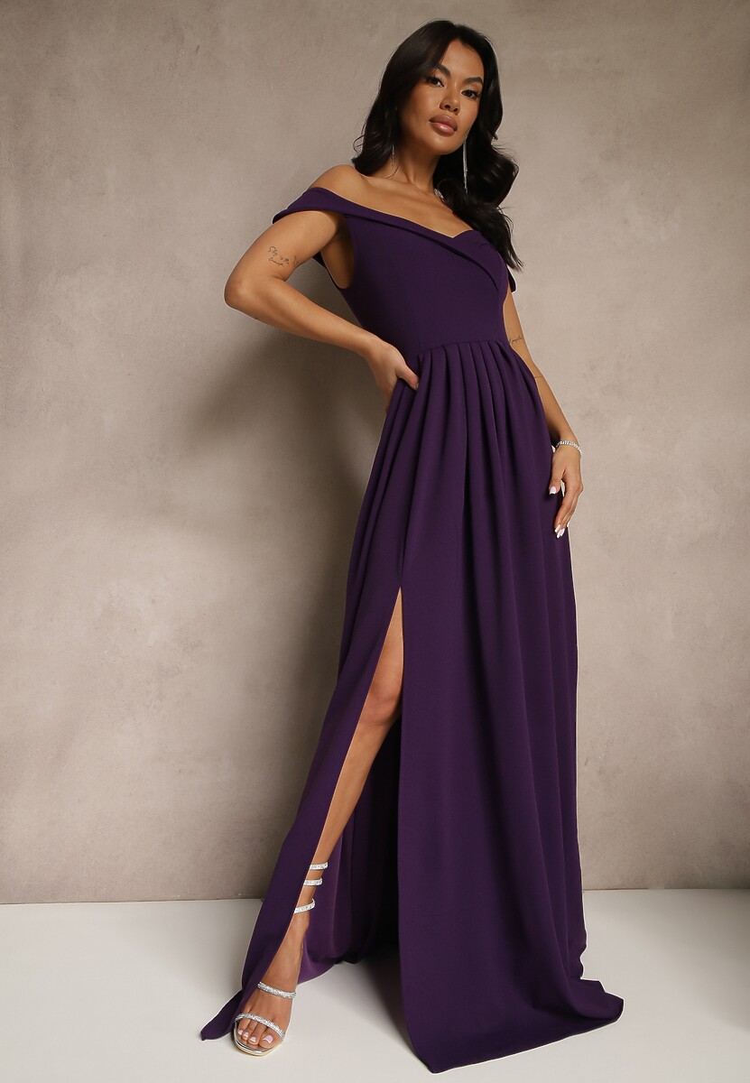 Czarna Elegancka Długa Sukienka Hiszpanka Wykończona Rozcięciem na Dole Idelia