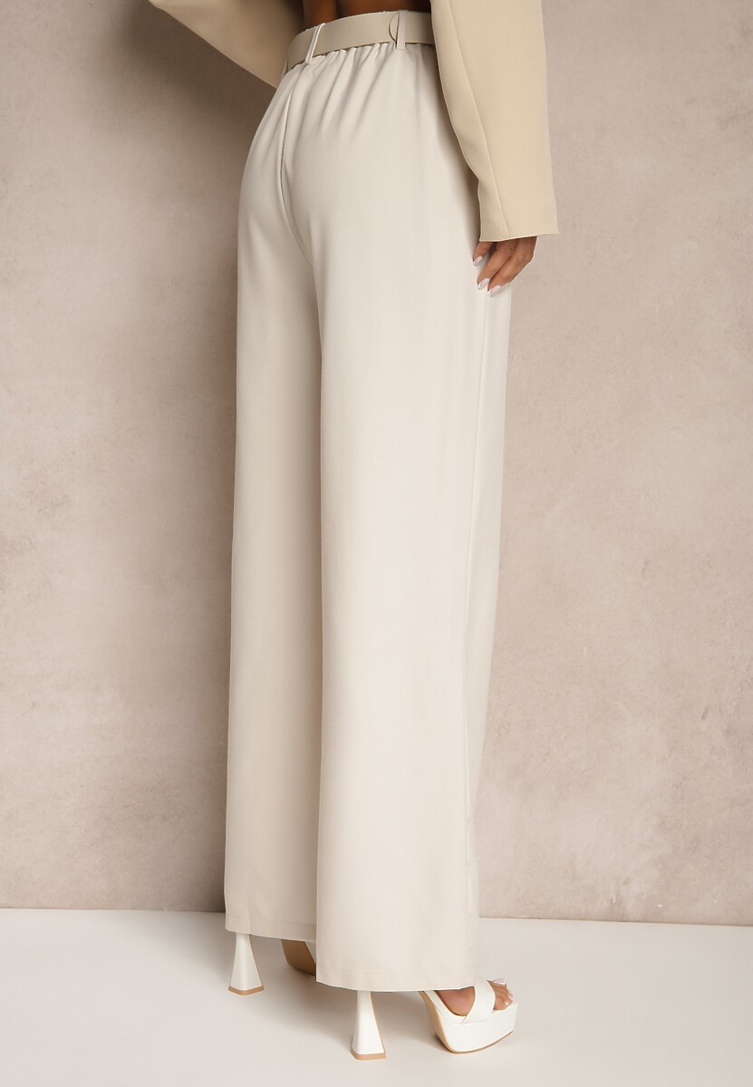 Jasnobeżowe Szerokie Spodnie Garniturowe z Wysokim Stanem i Paskiem z Klamrą Fevelira