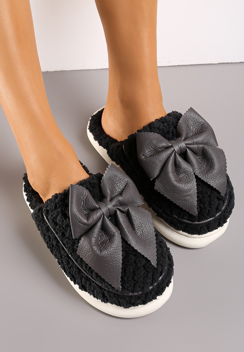 Szare Futrzane Kapcie z Ozdobną Kokardką Minetasia