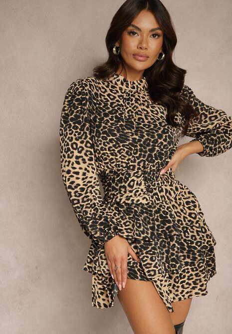 CIemnobeżowa Panterkowa Taliowana Sukienka o Rozkloszowanym Kroju Ozdobiona Falbanami Liloren