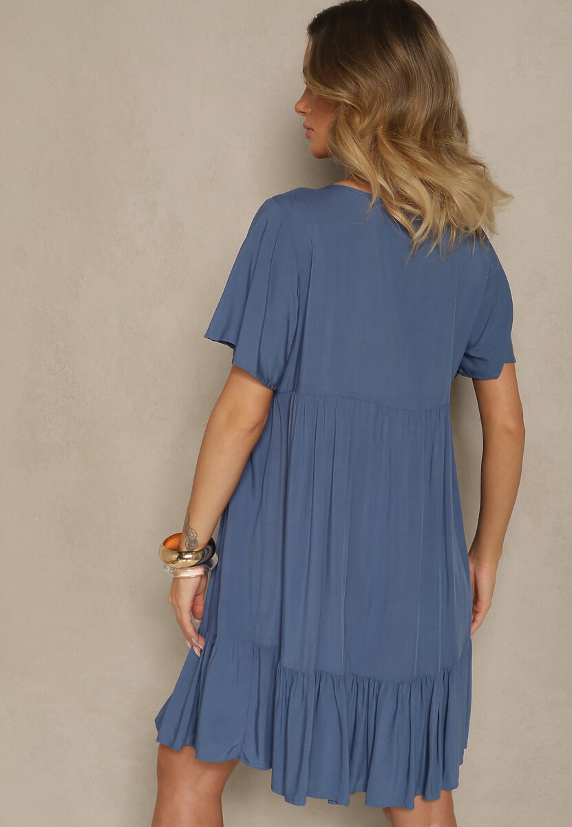 Niebieska Bawełniana Sukienka Rozkloszowana z Wiązaniem przy Dekolcie Mepova
