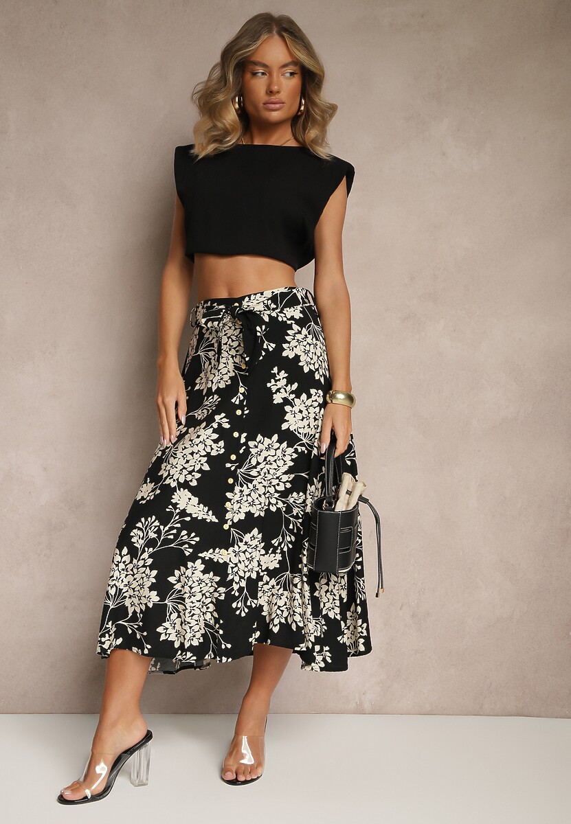 Czarna Rozkloszowana Spódnica z Wiskozy w Kwiatowy Wzór z Paskiem Tilinda