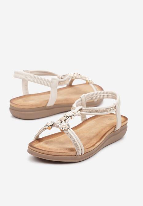 Beżowe Wsuwane Sandały z Ozdobnymi Koralikami i Cyrkoniami Hiramla