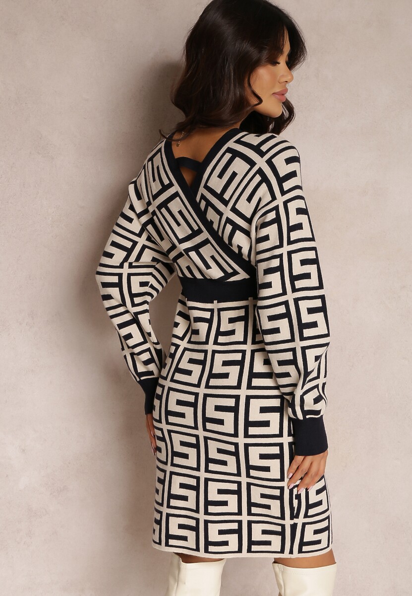 Jasnobeżowa Sukienka Wełniana w Geometryczny Wzór Hamu