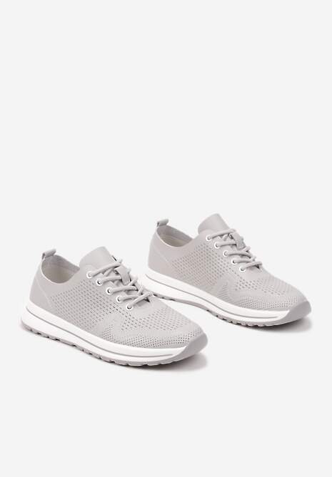 Szare Skórzane Buty Sportowe na Płaskiej Podeszwie ze Skórzaną Wkładką Ozdobione Perforacją Falali