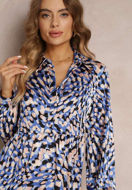 Granatowo-Niebieska Rozkloszowana Sukienka Koszulowa w Fantazyjny Print Alendia