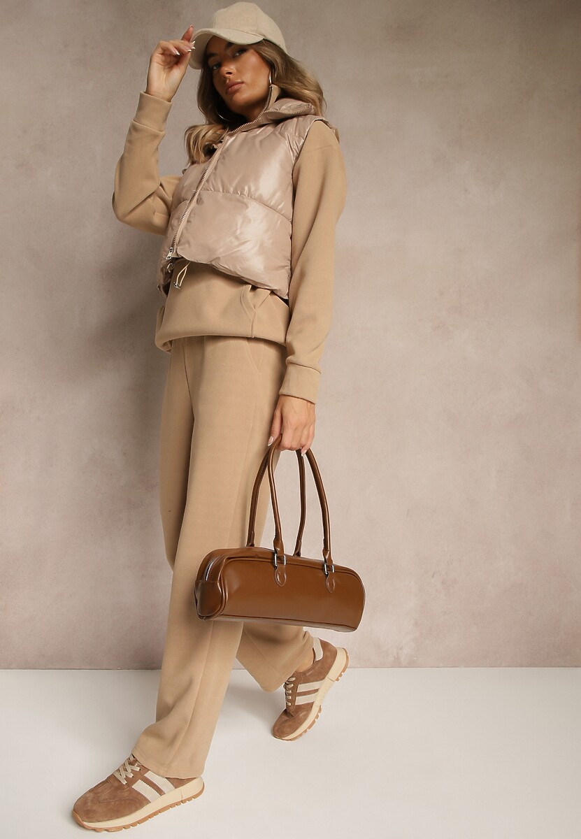 Ciemnobeżowy Bawełniany Komplet Dresowy z Ociepleniem Spodnie i Bluza z Suwakiem Mistilia