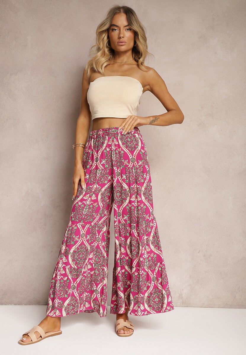 Zielono-Pomarańczowe Spodnie z Wiskozy z Szerokimi Nogawkami High Waist Wykończone Gumką w Talii Risettasmi