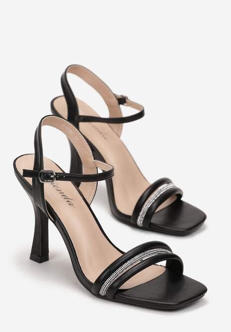 Czarne Sandały na Szpilce Ozdobione Cyrkoniami Aslima