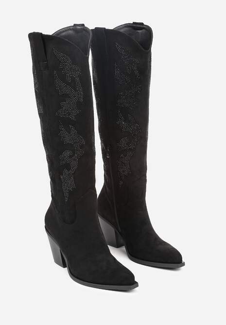 Czarne Kozaki Kowbojki na Stożkowym Obcasie z Aplikacją z Cyrkoniami Zevrine