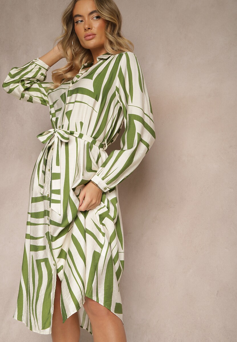 Zielona Sukienka z Wiskozą o Koszulowym Kroju w Geometryczny Print Ninatria