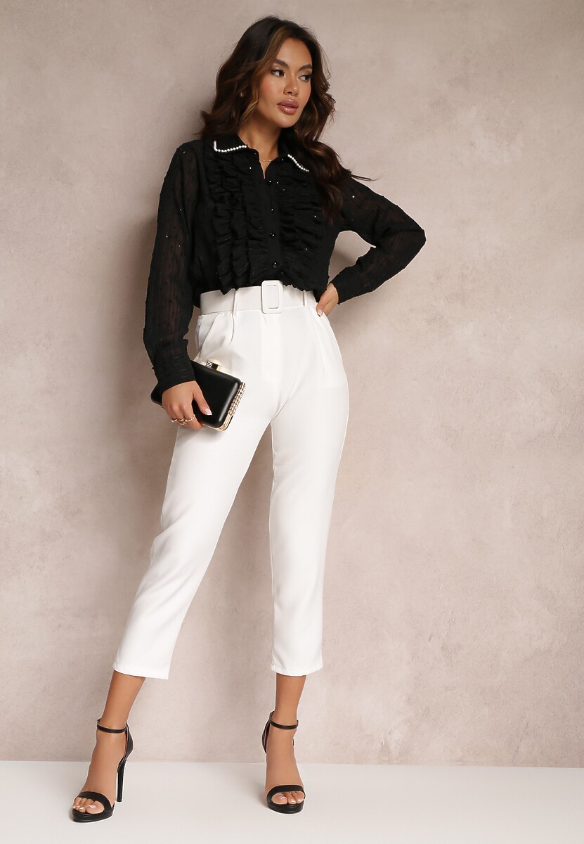 Czarna Koszula z Ozdobnym Kołnierzem i Falbanami Chet