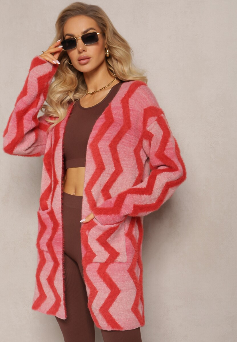 Czerwony Luźny Kardigan Niezapinany w Geometryczny Print Sheshy