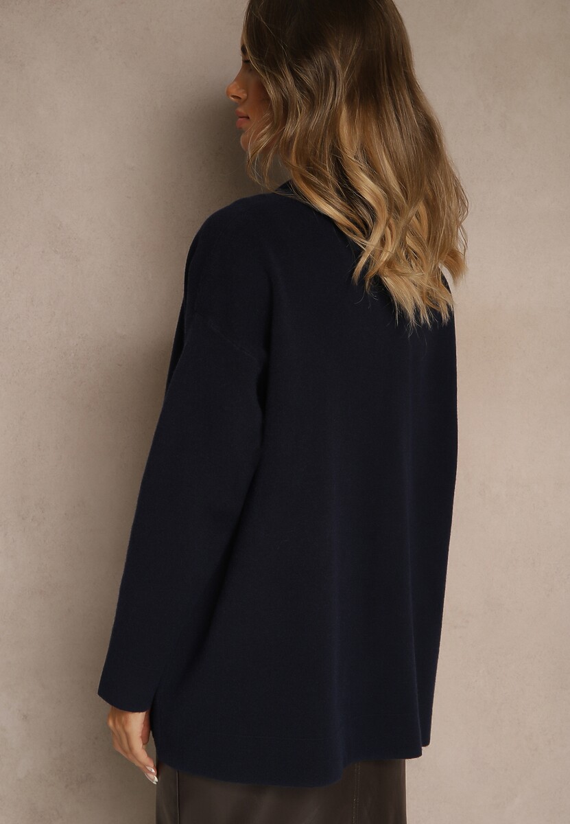 Granatowy Kardigan z Kaszmirem o Prostym Kroju Bez Zapięć z Kieszeniami Zaisa