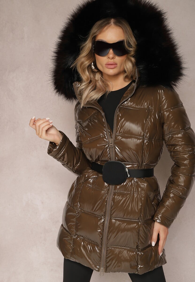 Ciemnobrązowa Kurtka Błyszcząca z Paskiem z Saszetką Phelle