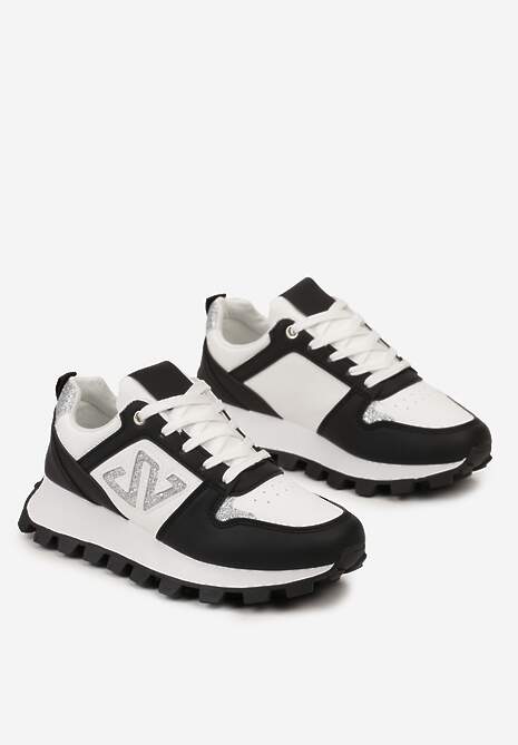 Czarne Sneakersy z Szerokim Protektorem i Brokatową Naszywką Afradia