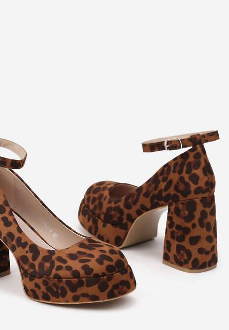 Brązowe Czółenka na Słupku z Wkładką ze Skóry Naturalnej Ozdobione Paskiem i Wzorem w Panterkę Miathene