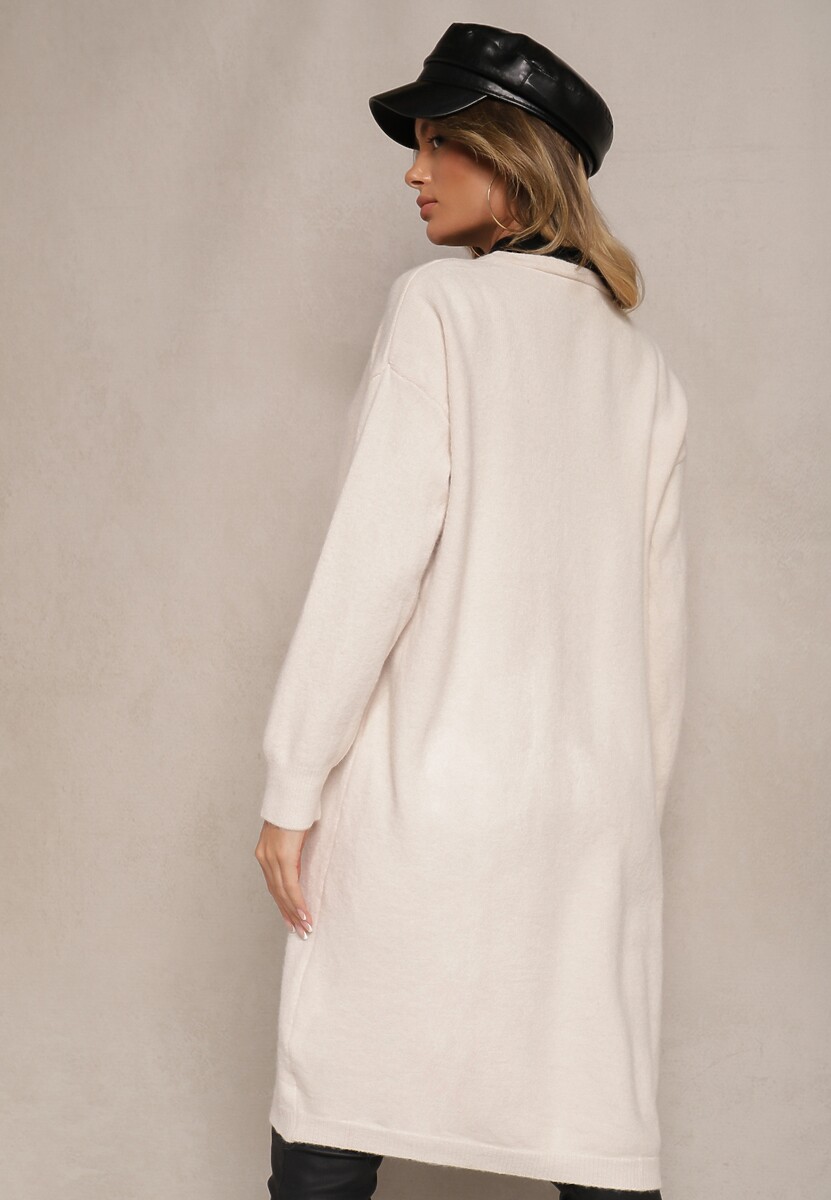 Jasnobeżowy Niezapinany Casualowy Kardigan z Wełną o Długim Kroju Zozita