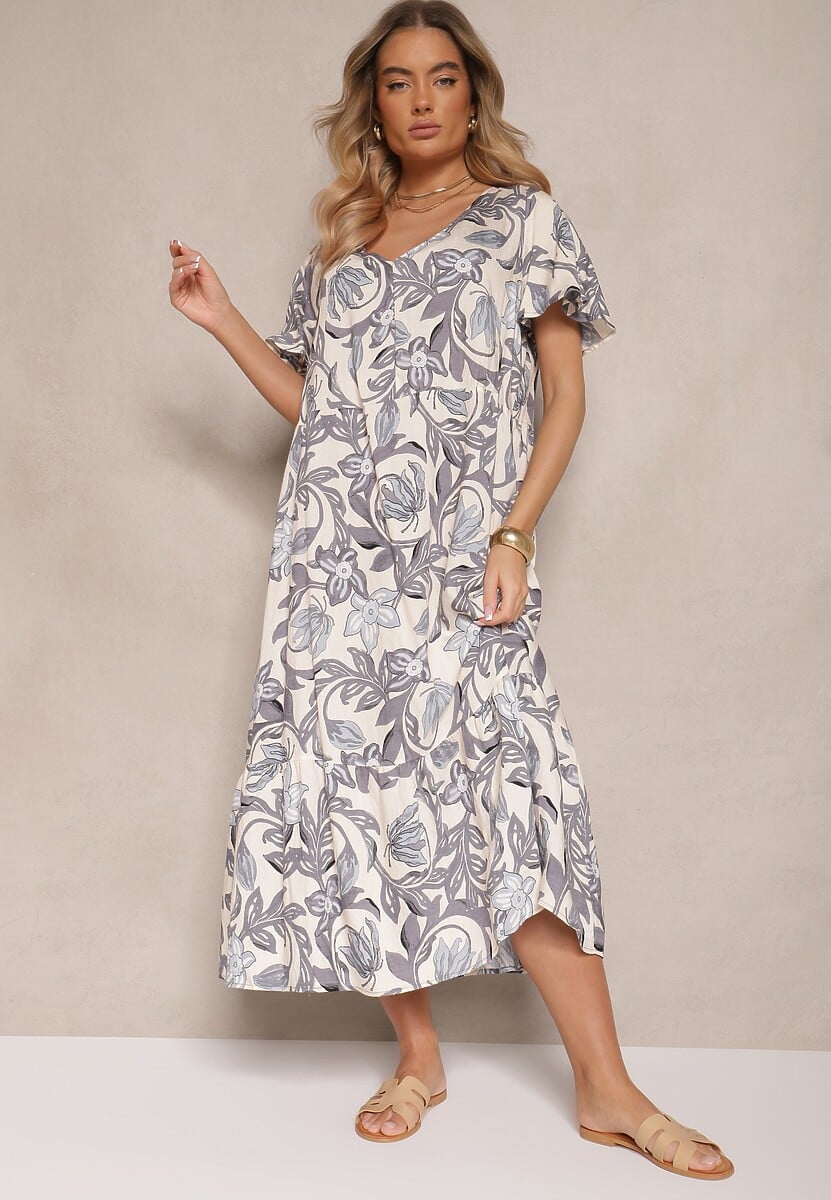 Szara Sukienka Wiskozowa o Pudełkowym Kroju w Kwiatowy Print Ranisla