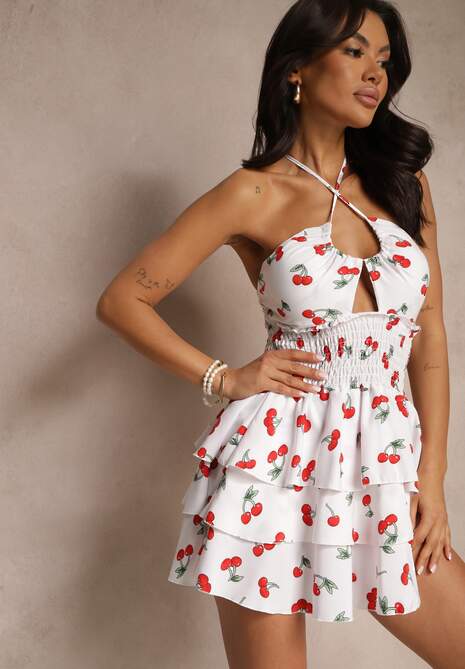 Biała Sukienka Halter o Rozkloszowanym Kroju z Falbanami w Wisienki Lanelora